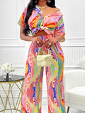 Momentlover Striped Lapel Loose Short Sleeves Buttoned Shirts Top + Elasticity Pants Bottom Two Pieces Set