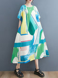 Momentlover Casual Short Sleeves Loose Contrast Color Round-Neck Midi Dresses