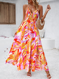 Momentlover Tied Split-Side Printed Pleated Elasticity Backless Sleeveless High Waisted Halter-Neck Maxi Dresses