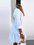 Momentlover Split-Joint Solid Color Pleated Buttoned Loose Long Sleeves Lapel Shirt Dress Mini Dresses