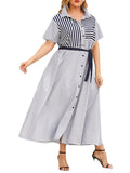 Momentlover Tied Waist Striped Split-Joint Buttoned Short Sleeves Plus Size Lapel Shirt Dress Maxi Dresses