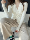 Momentlover Solid Color Knot Loose Long Sleeves V-Neck Sweater Tops Pullovers