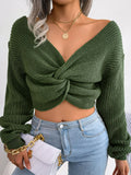 Momentlover Twisted Front Long Sleeve Cropped Sweater