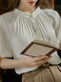 Momentlover Pleated Buttoned Short Sleeves Puff Sleeves Round-neck Blouses&shirts Tops