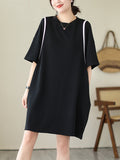 Momentlover Split-Joint Short Sleeves Loose Round-Neck Mini Dresses