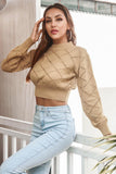 Momentlover Openwork Plaid Round Neck Cropped Sweater