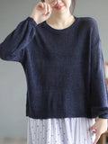 Momentlover Solid Color See-Through Loose Long Sleeves Round-Neck Sweater Tops