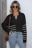 Momentlover Ribbed Notched Neck Striped Long Sleeve Sweater