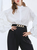 Momentlover Solid Color Ruffled Layered Buttoned Loose Long Sleeves Mock Neck Blouses&Shirts Tops