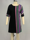 Momentlover Striped Contrast Color Asymmetric Plus Size Loose Round-neck Mini Dresses