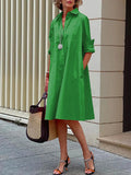 momentlover Simple Long Sleeves Solid Color Lapel Midi Dress