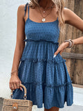 Momentlover A-Line High Waisted Backless Jacquard Solid Color Split-Joint Tied U-Neck Mini Dresses Slip Dress