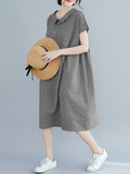 Momentlover Artistic Retro Loose Plaid Buttoned Lapel Collar Midi Dress