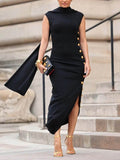 Momentlover Loose Sleeveless Solid Color Split-Side Shawl Collar Long Skirts Maxi Dresses