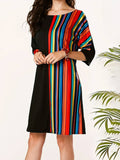 Momentlover Striped Contrast Color Asymmetric Plus Size Loose Round-neck Mini Dresses