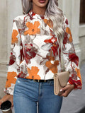 Momentlover Pleated Flower Print Elasticity Puff Sleeves Loose Mock Neck Blouses&Shirts Tops
