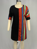 Momentlover Striped Contrast Color Asymmetric Plus Size Loose Round-neck Mini Dresses