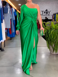 Momentlover Long Sleeves Asymmetric Satin One-Shoulder Maxi Dresses