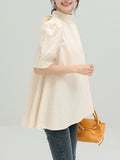 Momentlover Solid Color Pleated Bowknot Loose Half Sleeves Mock Neck Blouses&Shirts Tops