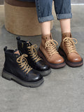 Momentlover Cow Leather Lace-Up Zipper Martin Booties