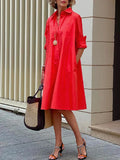 momentlover Simple Long Sleeves Solid Color Lapel Midi Dress