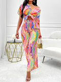 Momentlover Striped Lapel Loose Short Sleeves Buttoned Shirts Top + Elasticity Pants Bottom Two Pieces Set