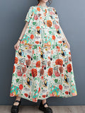 Momentlover Split-Joint Printed Buttoned Short Sleeves Loose Stand Collar Midi Dresses
