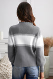 Momentlover Color Block High Neck Lantern Sleeve Pullover Sweater