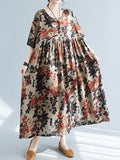 Momentlover Floral Printed Short Sleeves Puff Sleeves Round-Neck Midi Dresses