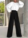 Momentlover Contrast Color Round-Neck Puff Sleeves Blouse Top + Wide Leg Pants Two Pieces Set