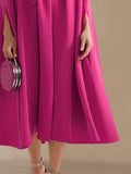 momentlover Simple Batwing Sleeves Lace-Up Solid Color High-Neck Midi Dresses