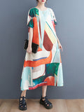 Momentlover Casual Short Sleeves Loose Contrast Color Round-Neck Midi Dresses