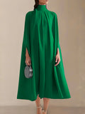 momentlover Simple Batwing Sleeves Lace-Up Solid Color High-Neck Midi Dresses