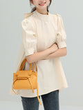 Momentlover Solid Color Pleated Bowknot Loose Half Sleeves Mock Neck Blouses&Shirts Tops