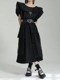 Momentlover Split-Joint Solid Color Pleated Falbala Short Sleeves Loose Round-Neck Blouses