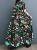 Momentlover Split-Joint Printed Buttoned Short Sleeves Loose Stand Collar Midi Dresses