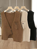 Momentlover Artistic Retro Sleeveless Irregularity Buttoned V-Neck Vest Top