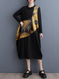 Momentlover Split-Joint Printed Asymmetric Loose Long Sleeves Round-Neck Midi Dresses
