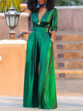 Momentlover High Waisted Three-Quarter Sleeves Shiny Solid Color Deep V-Neck Jumpsuits Bottoms