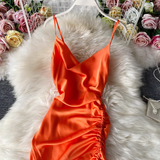 vmtvr- Fashionable V-neck backless drawstring pleated satin suspender dress  GEU592