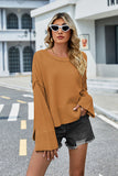 Momentlover High-Low Slit Round Neck Long Sleeve Sweater