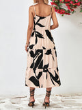 Momentlover Floral Printed Contrast Color Sleeveless Loose Spaghetti-Neck Midi Dresses