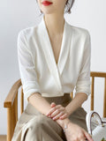 Momentlover Solid Color Loose Long Sleeves V-Neck Blouses&Shirts Tops