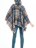 Momentlover Plaid Keep Warm Hooded Fringed Shawl&Cloak Cape