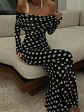 Momentlover Split-Joint Polka-Dot Pleated Skinny Long Sleeves Tube Maxi Dresses