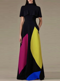 Momentlover Contrast Color Short Sleeves Loose Stand Collar Maxi Dresses