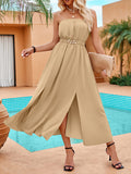 Momentlover Split-Front Pleated Elasticity Chains Sleeveless A-Line Tube Midi Dresses