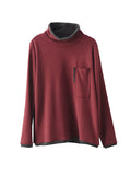 Momentlover Pockets Contrast Color Loose Long Sleeves High Neck T-Shirts Tops