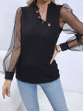 Momentlover Solid Color Puff Sleeves Loose V-Neck Mesh Blouses&Shirts Tops