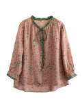 Momentlover Lace-Up Floral Printed Loose Long Sleeves Round-Neck Blouses&Shirts Tops